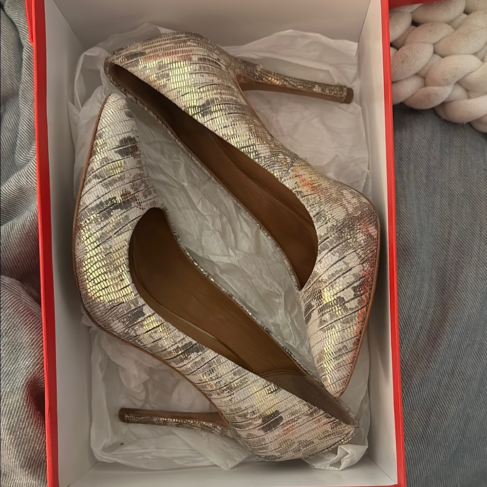Coach Harlee Printed Lizard Gold and Grey Stiletto Heels with Snakeskin Texture